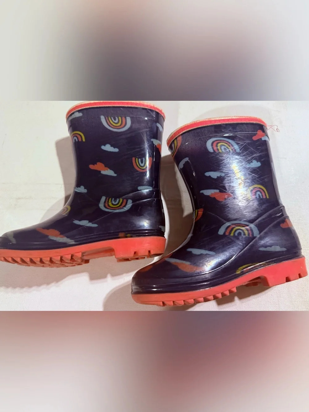 Carter's Navy Rain Boots with Rainbow & Orange Accents